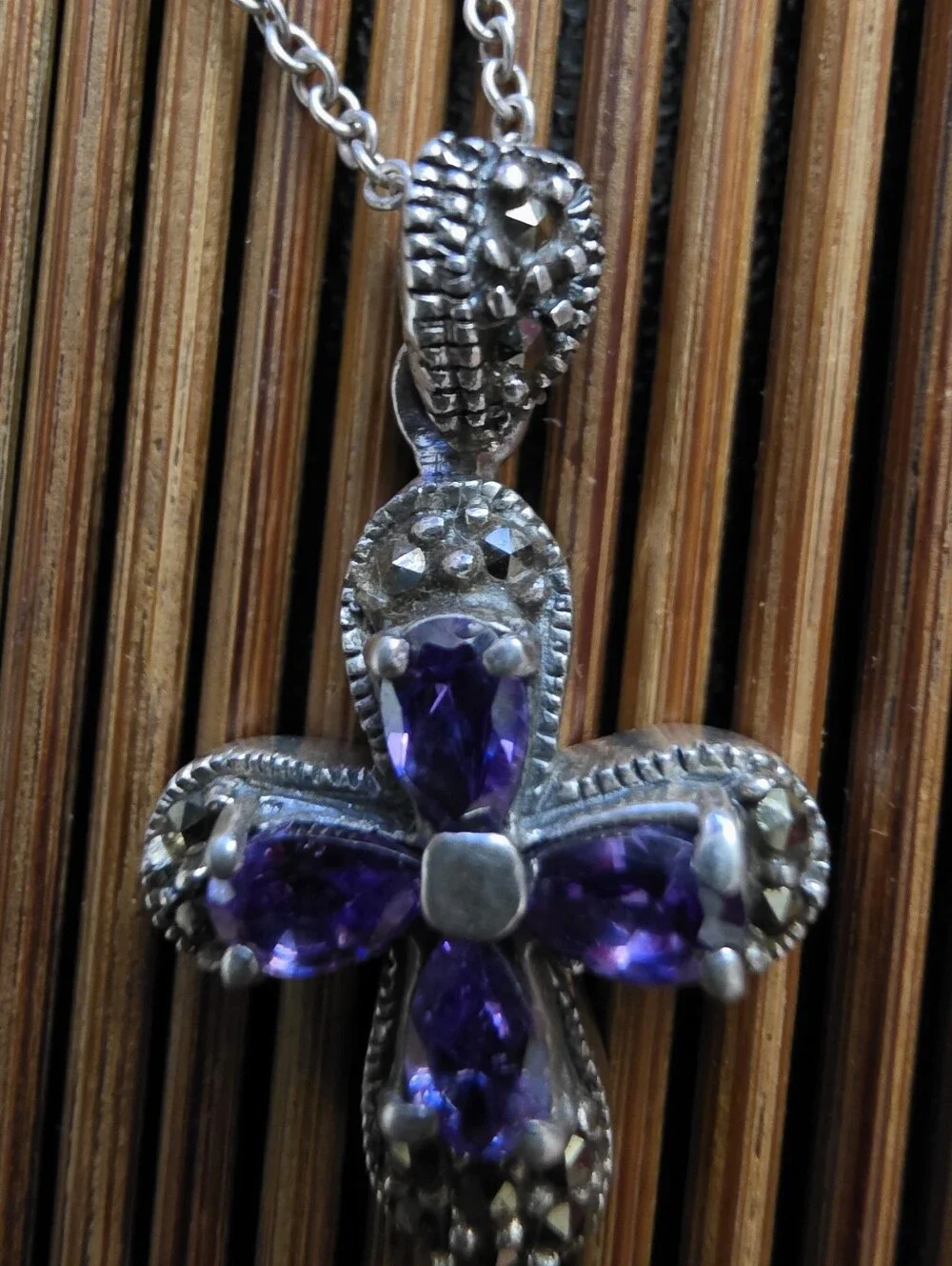 925 Silver Amethyst, Marcasite Chain Necklace (Vintage)